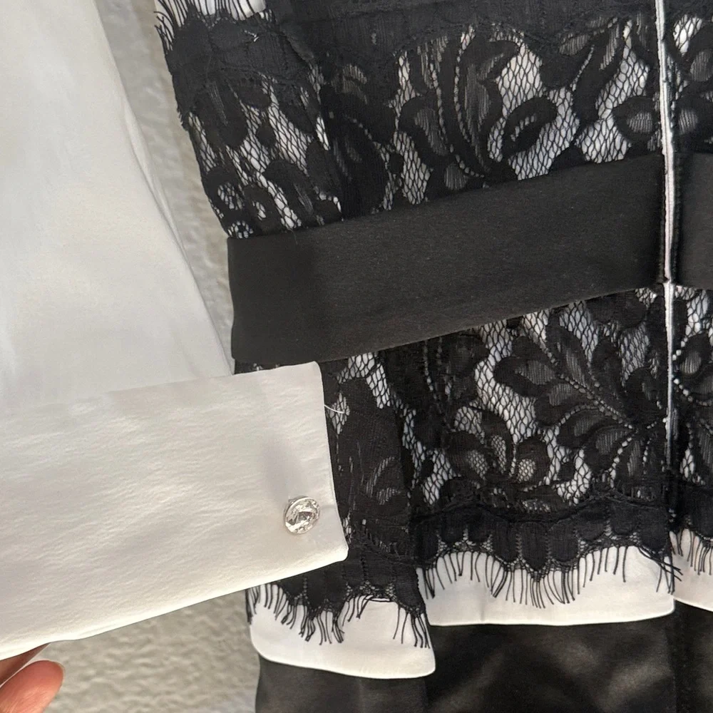 Elegant Chic Black and White Lace Maxi Dress belted wide shoulder sz 12 formal